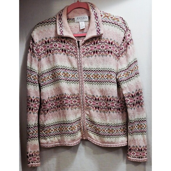 VTG Annex Petite PL Fair Isle Knit Cardigan Sweater Zip Front Pink Cottagecore - Picture 1 of 9